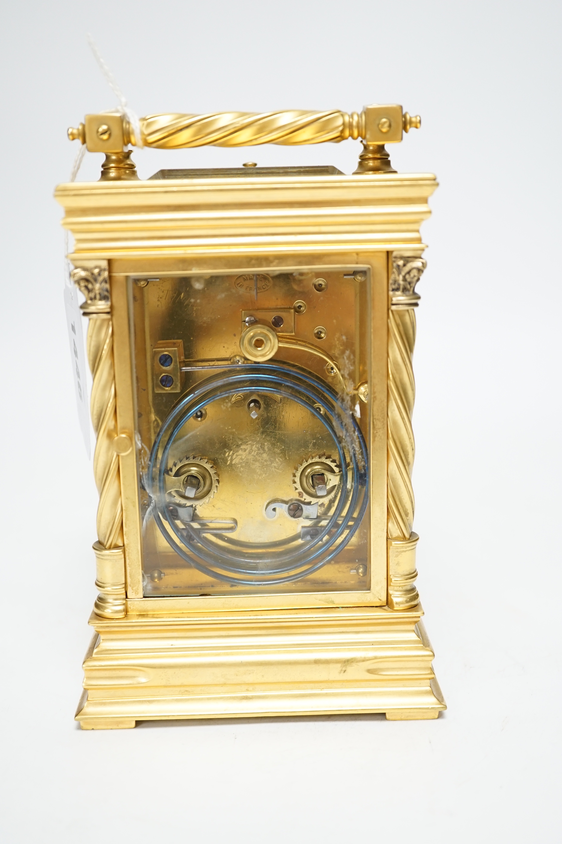 A French hour repeating silver dial carriage clock, 16.5cm high